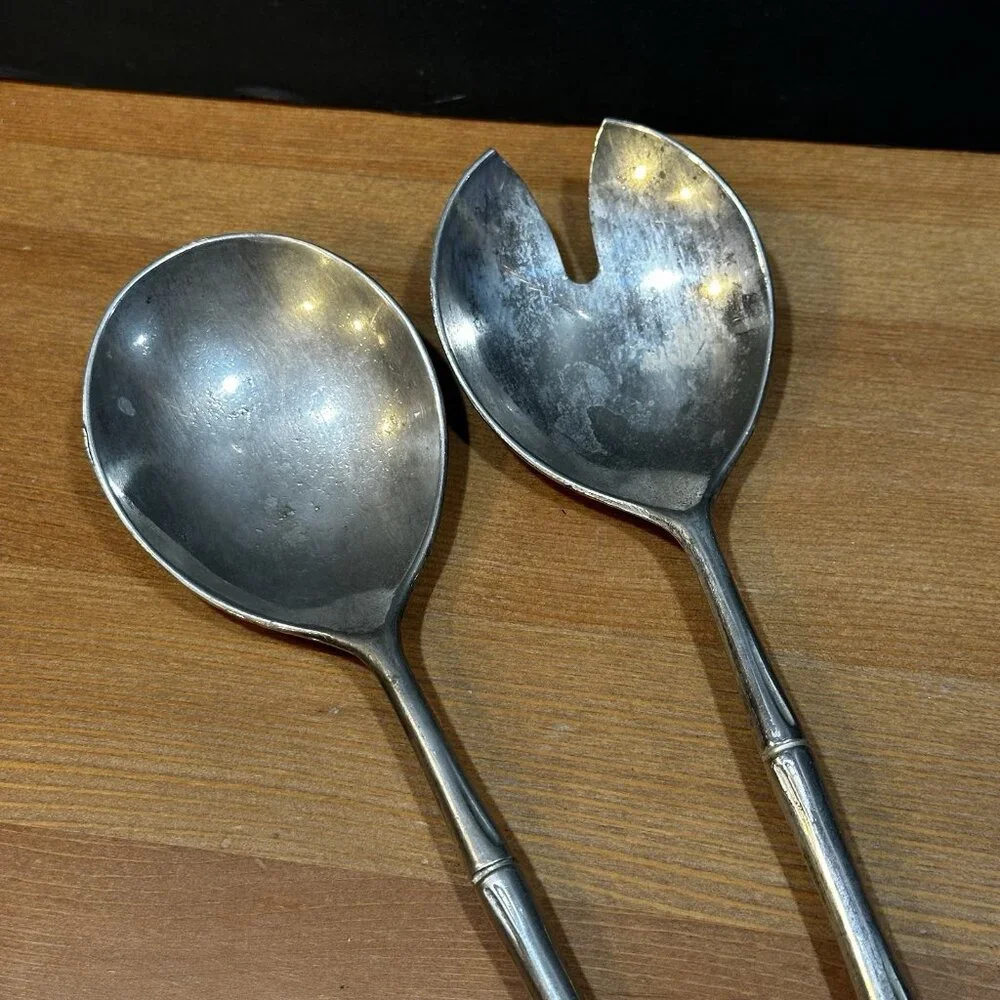 Vintage Italian Bamboo Salad Servers Silverplate Rustic MCM Patina